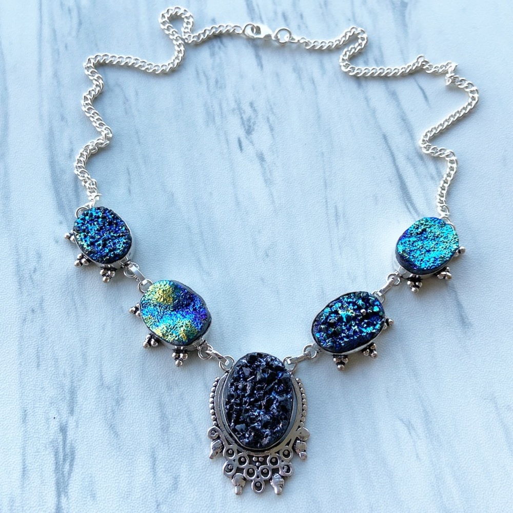 925 Sterling silver blue druzy chocker necklace - Picture 5 of 8